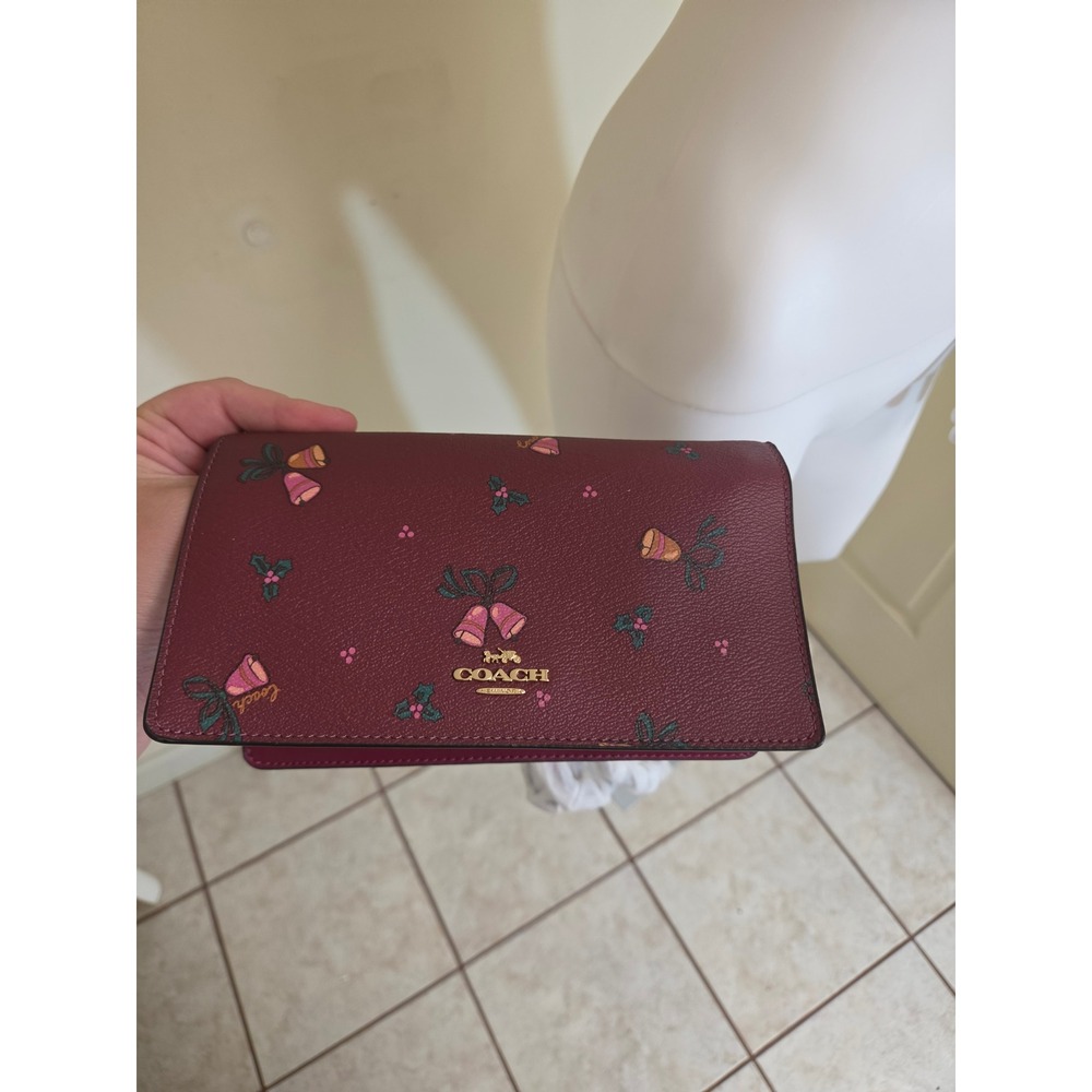 Coach Crossbody Bag Wine Burgundy Holiday Bell Print Crossgrain Leather New - Picture 2 of 11